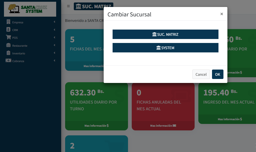 Panel centralizado de gestión de sucursales de SantaCruz System