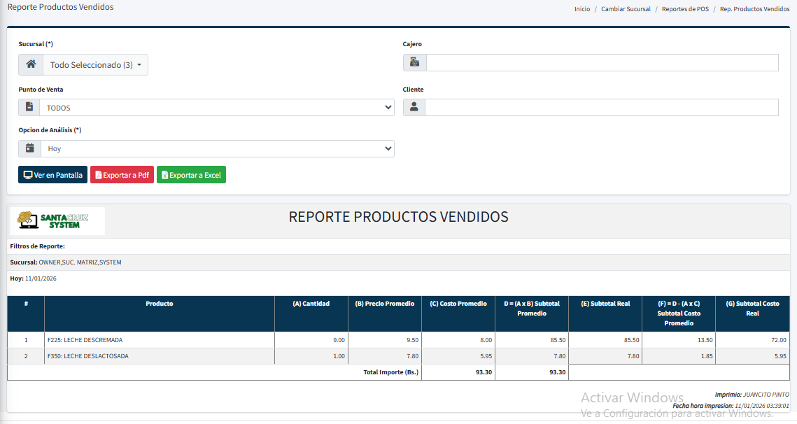 Pantalla de control de inventario y stock de SantaCruz System