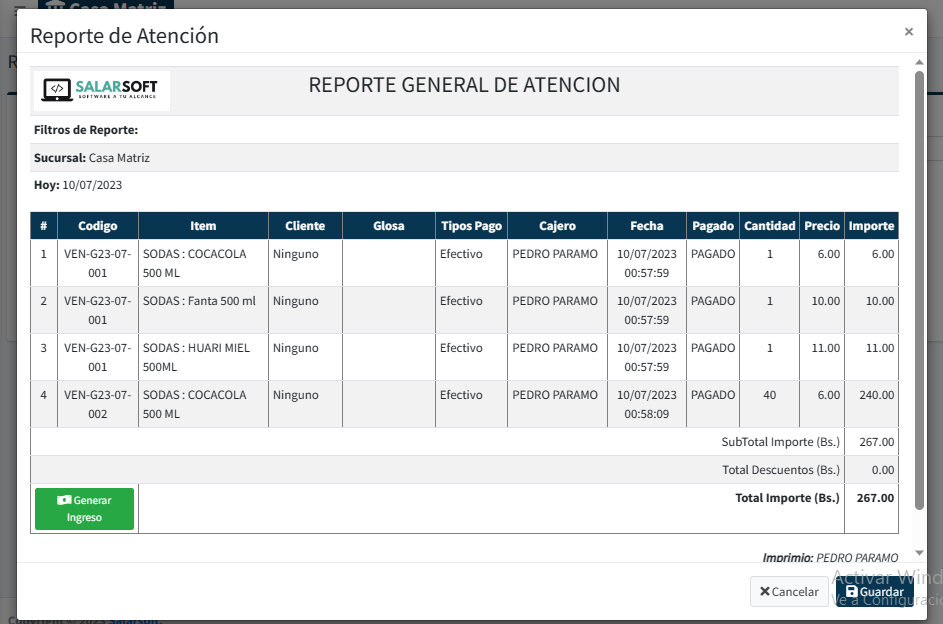 Reporte de control de ventas en tiempo real de SantaCruz System